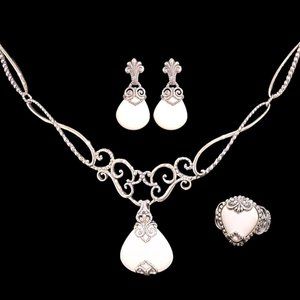 CAROLYN POLLACK 925 NECKLACE, WHITE AGATE ENHANCER, RING, AND EARRINGS